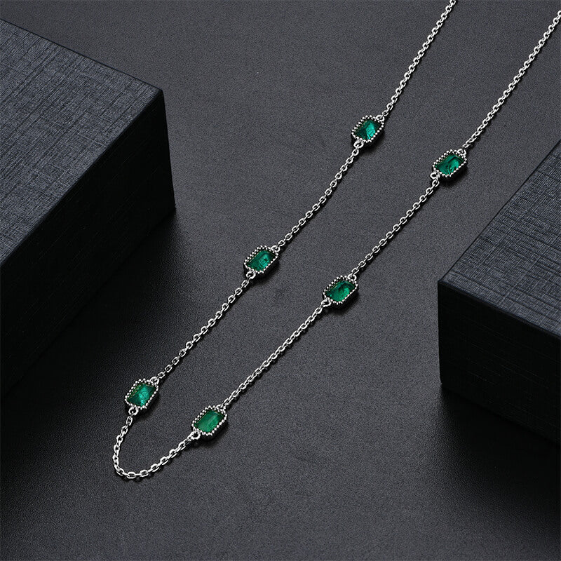 Bezel Set Emerald Evenly Spaced Necklace In Sterling Silver
