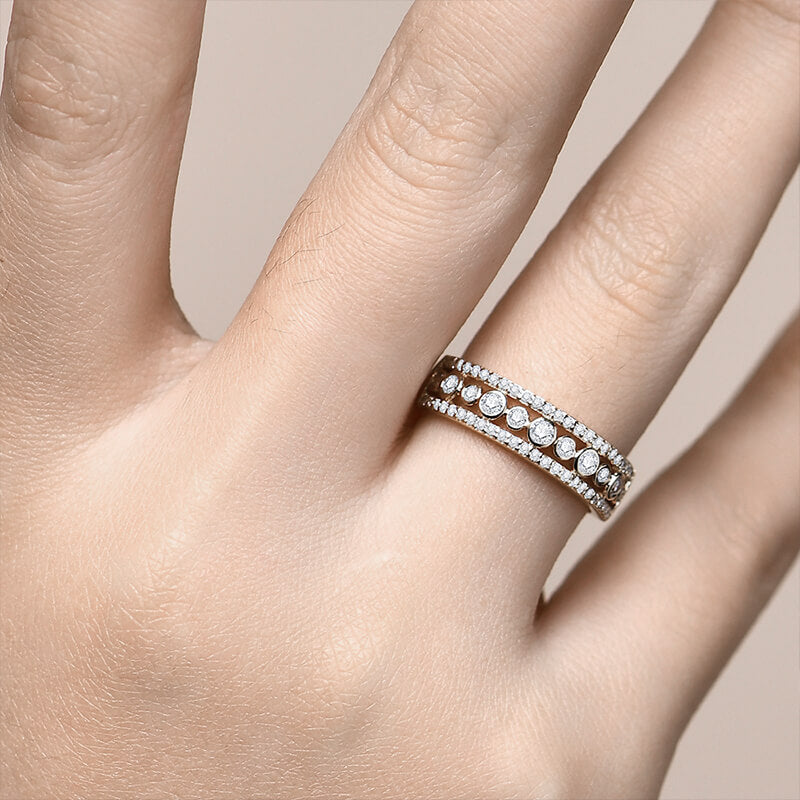 Bezel Set Moissanite Pave Triple Row Half Eternity Wedding Band