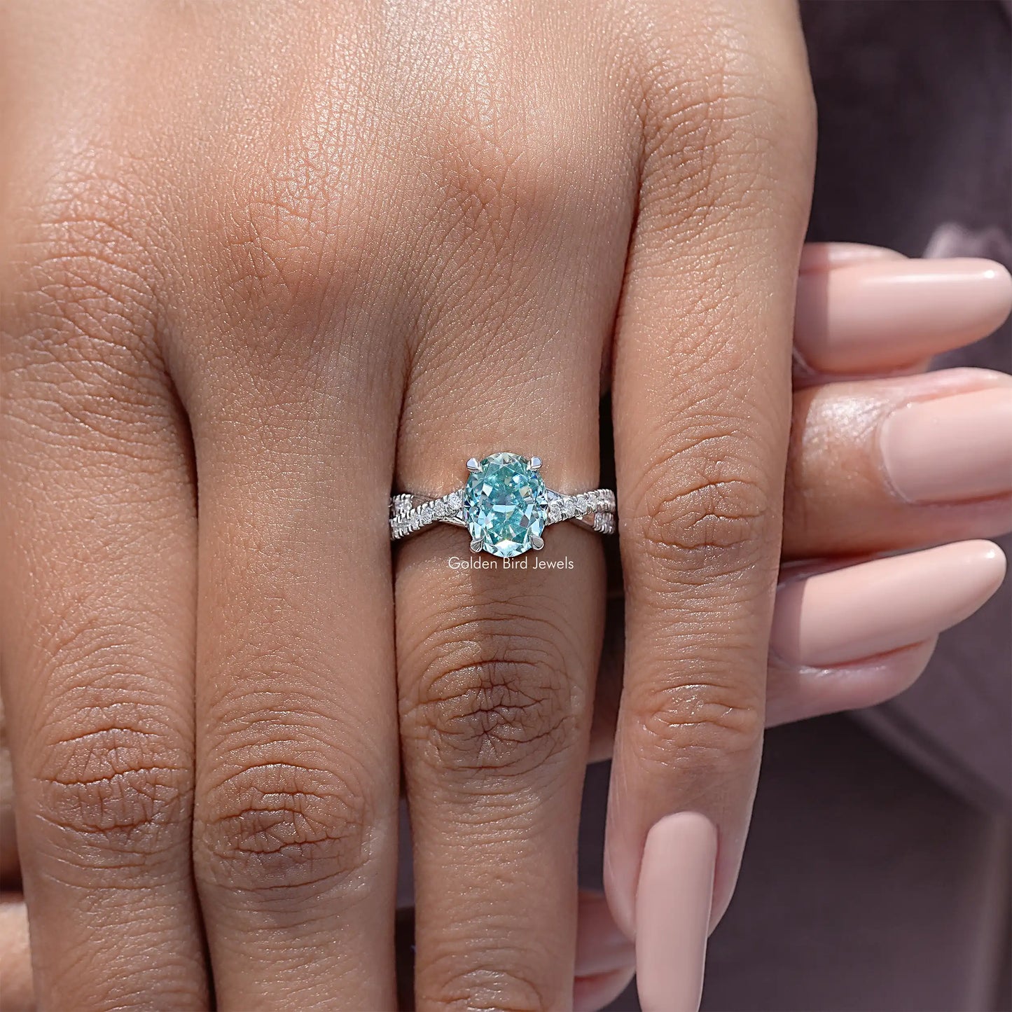 Blue Oval Moissanite Accent Wedding Ring