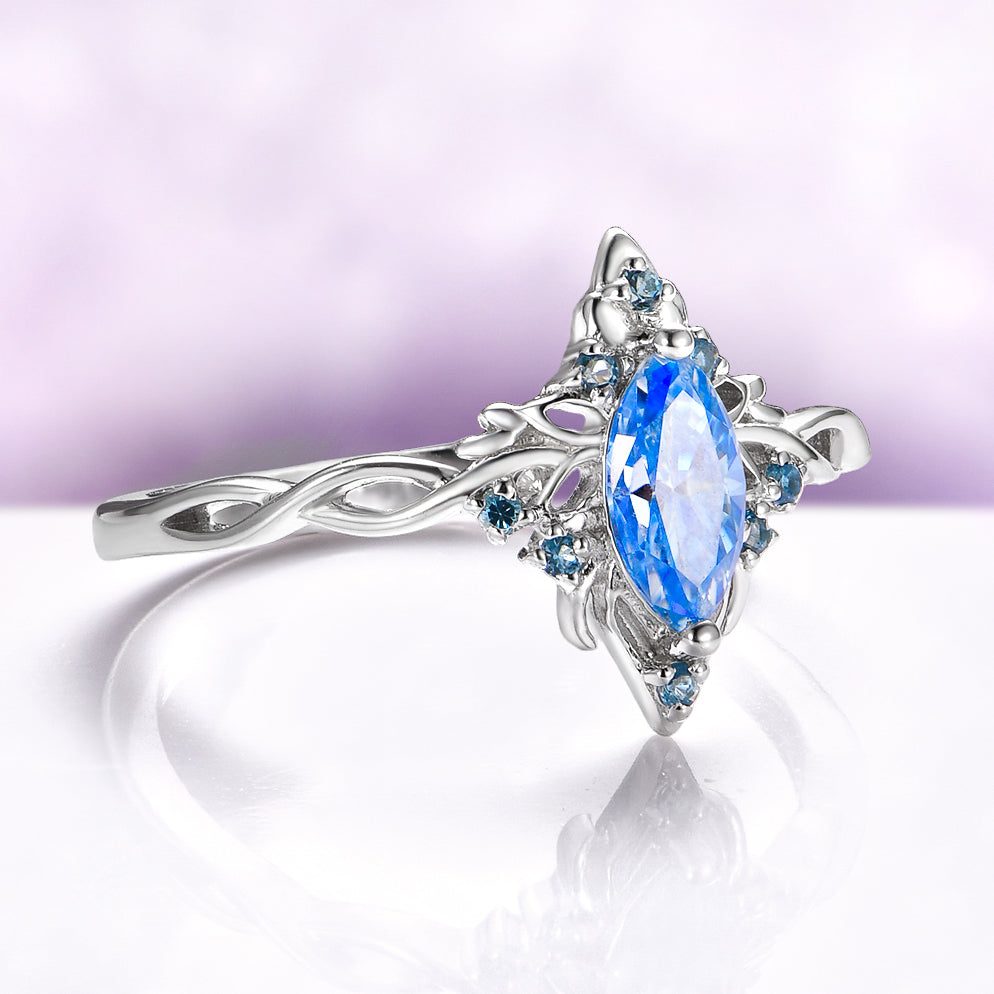 Blue Moissanite Butterfly Marquise Engagement Ring in 14K White Gold