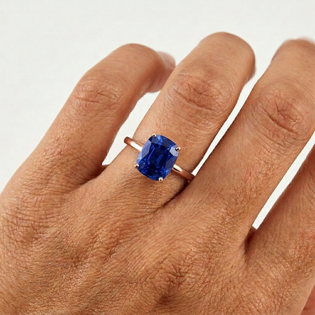Prong-Set Cushion Blue Sapphire Solitaire Ring