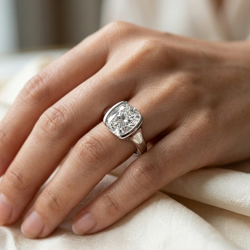 Bold Half-Bezel Solitaire Elongated Cushion Moissanite Engagement Ring