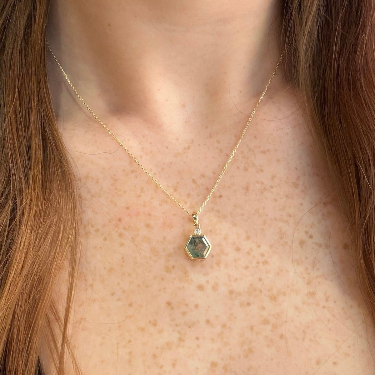 Hexagon Moss Agate Necklace | 14K Yellow Gold