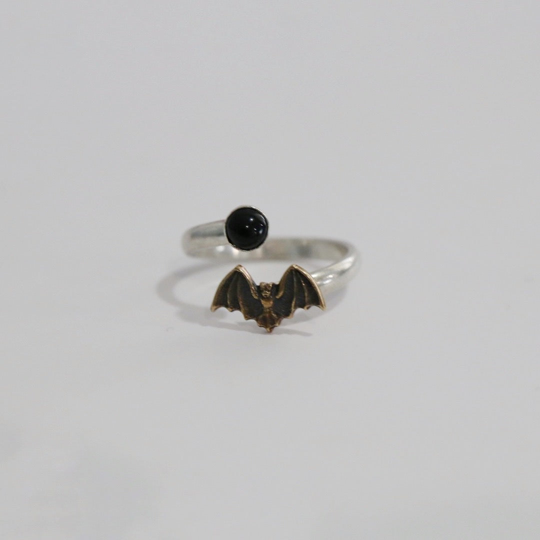 Open Bat and Onyx Gemstone Ring in Oxidized Brass and Sterling Silver / READY TO SHIP size 5.5
