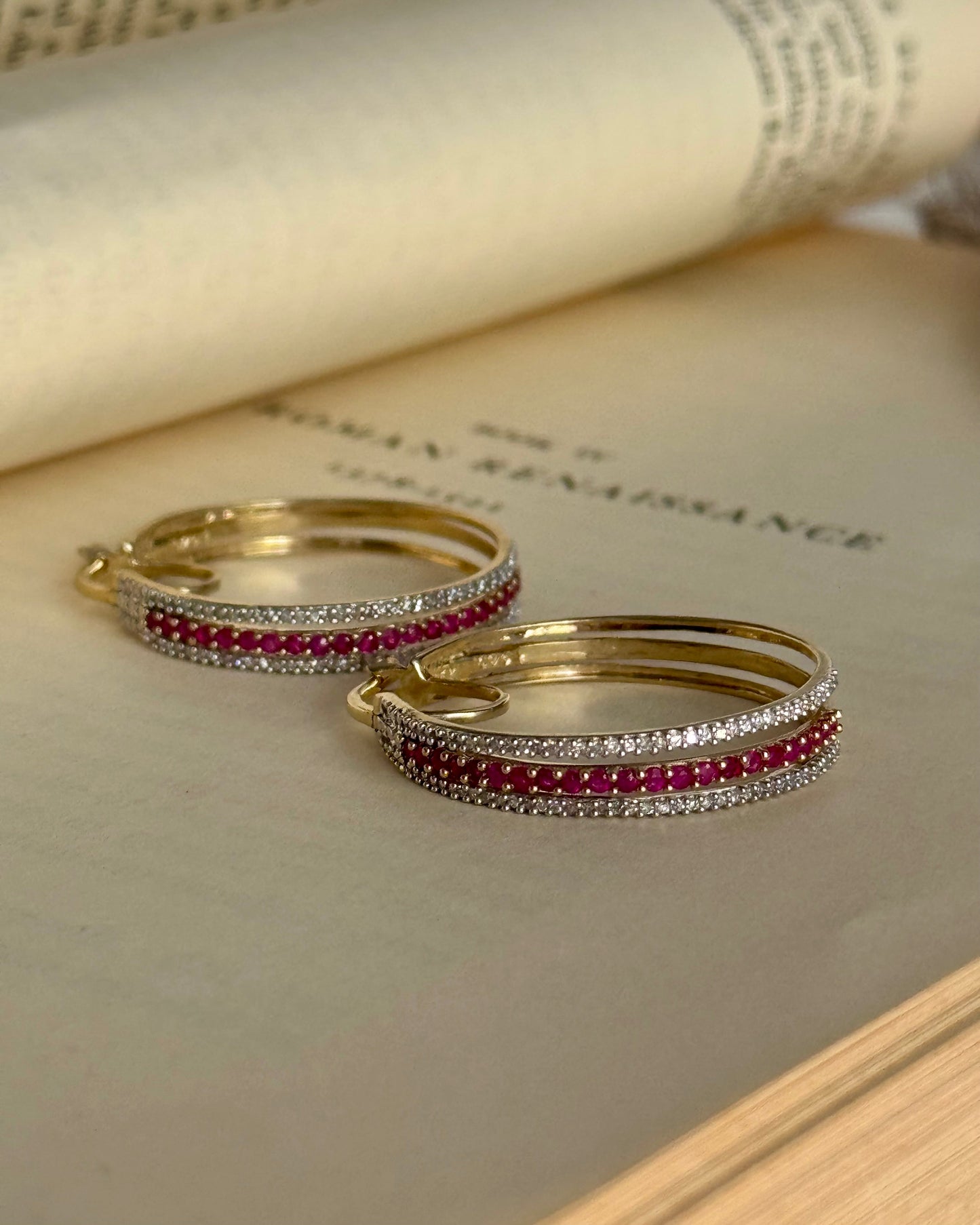 Vintage 14k Yellow Gold Natural Ruby & Diamond Hoops