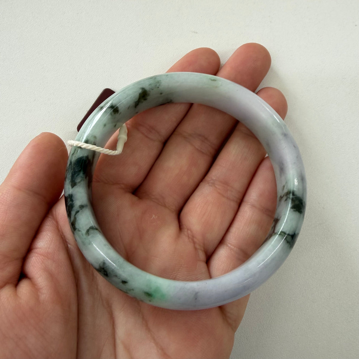 Genuine Light Lavender with Green Pattern Traditional Jade Bangle - 56mm Half Moon