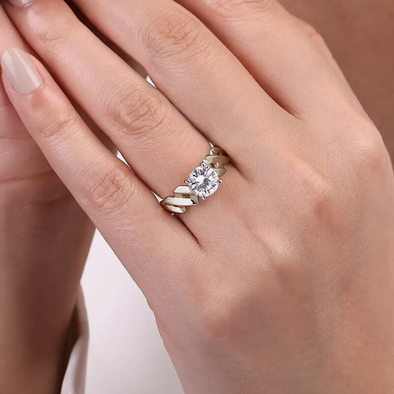 Cathedral Solitaire Round Moissanite X-Cross Twisted Engagement Ring
