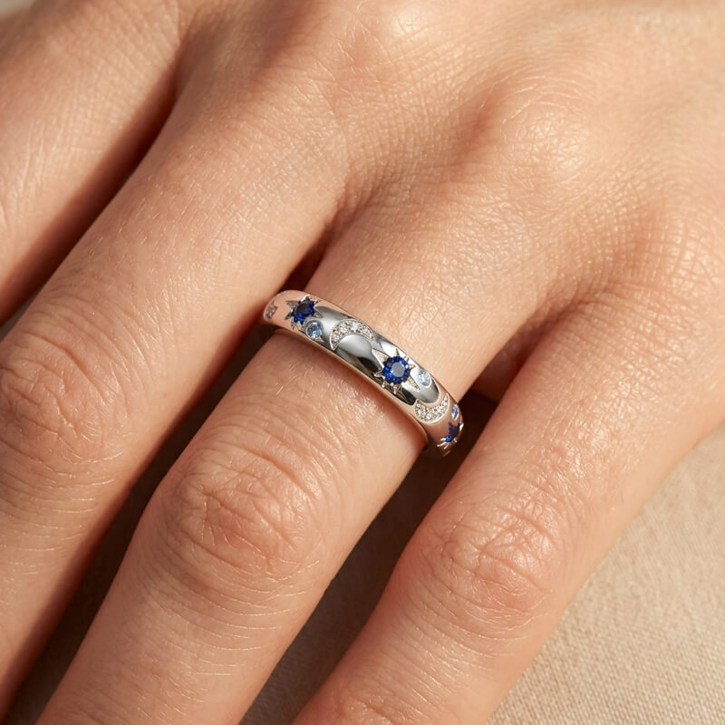 Celestial Moon and Star Constellation Eternity Moissanite Wedding Band Ring