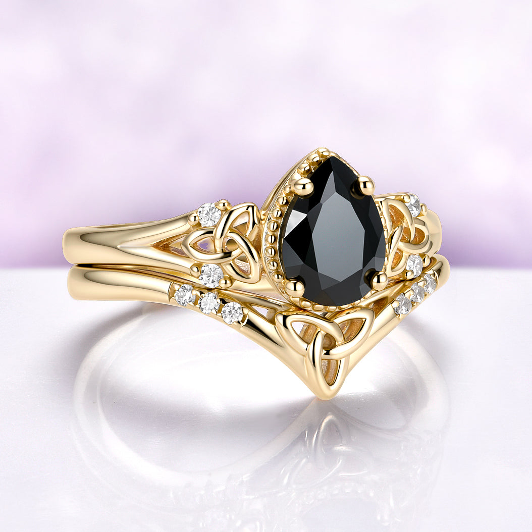 Celtic Knot Black Onyx Engagement Ring Set in Solid 14K Yellow Gold