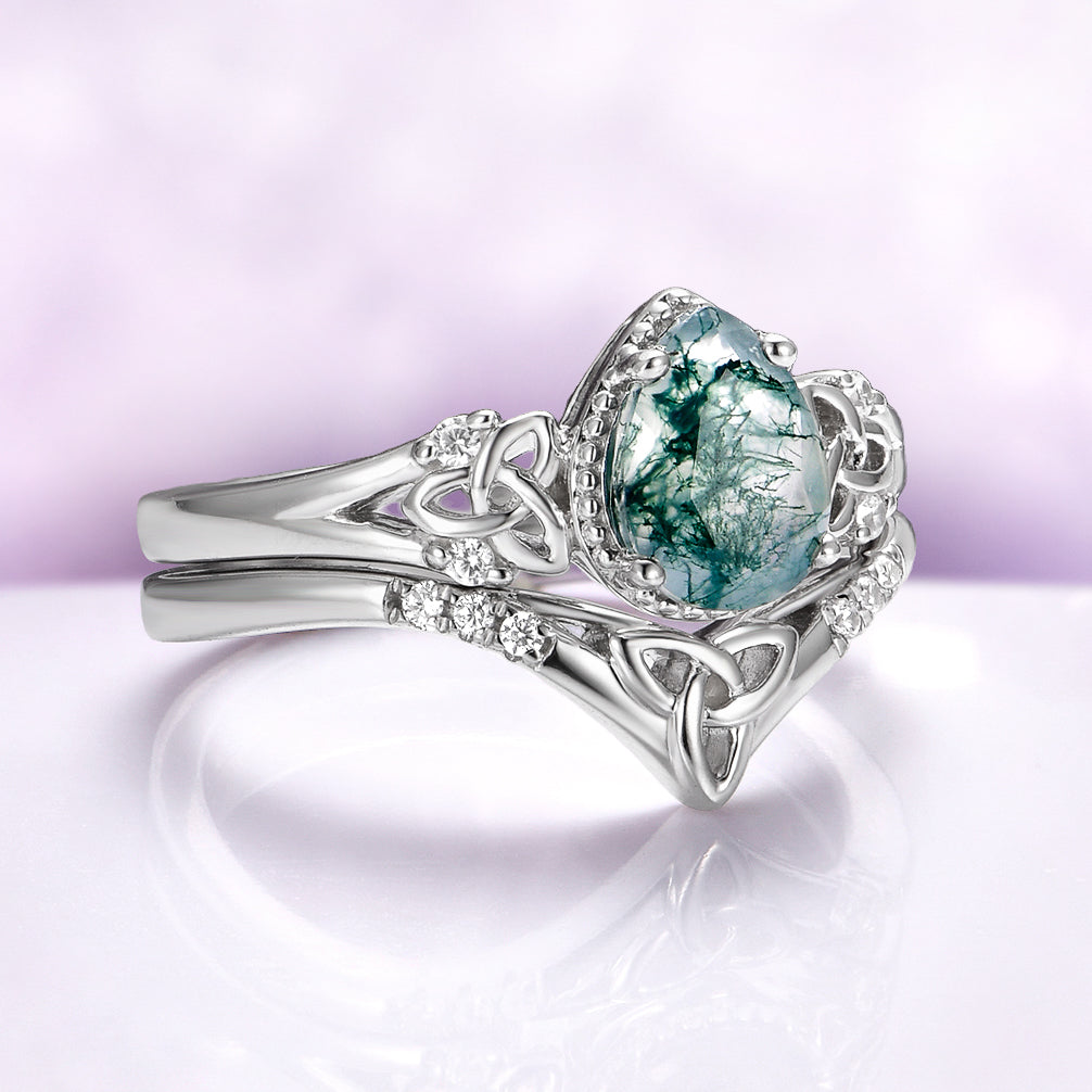 Celtic Knot Moss Agate Ring Set in Sterling Silver