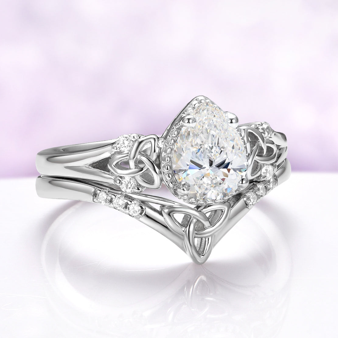 Celtic Knot Moissanite Engagement Ring Set in 14K White Gold