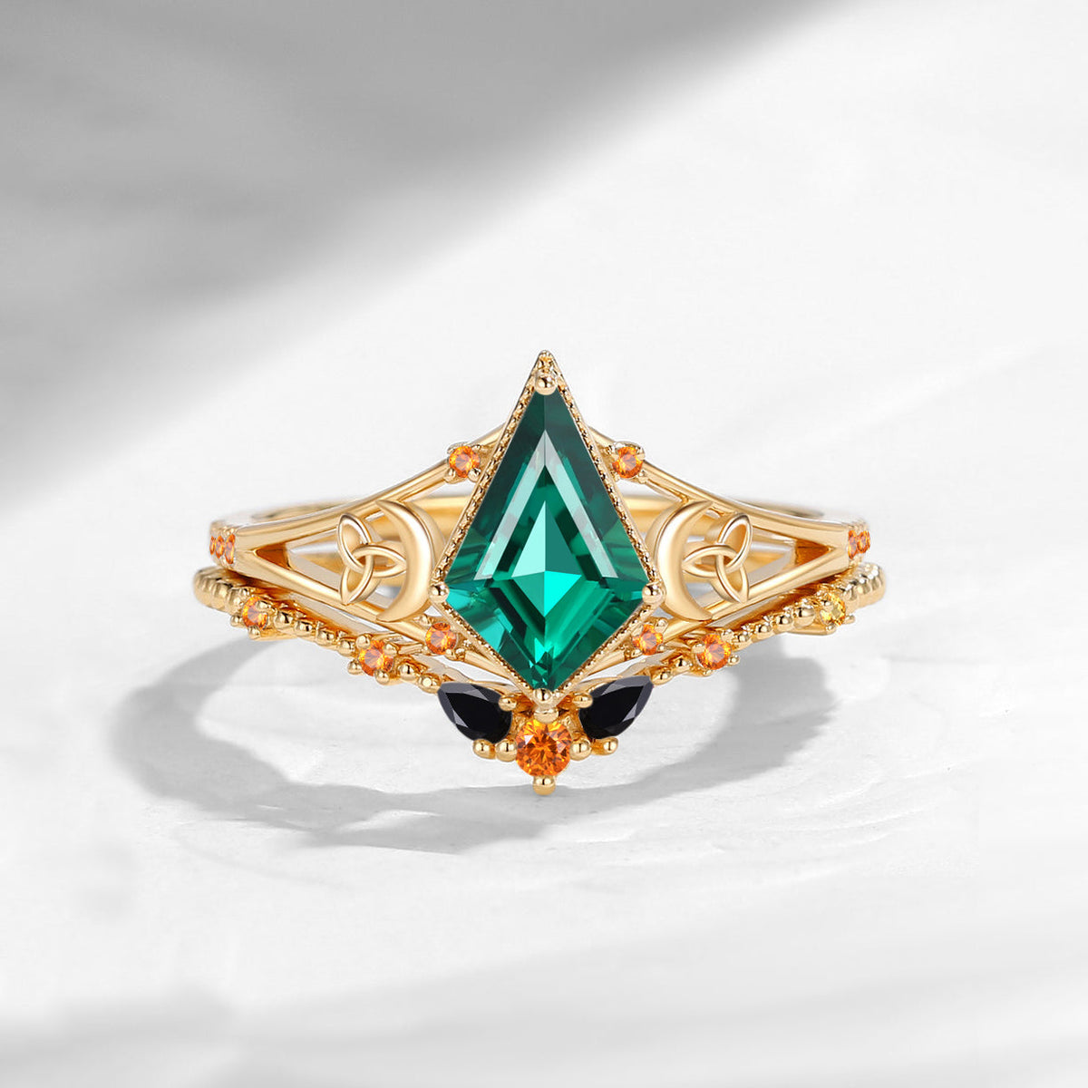 Celtic Moon 'Celestial Moon' - Kite Cut Lab Emerald Split Band Engagement Ring Set
