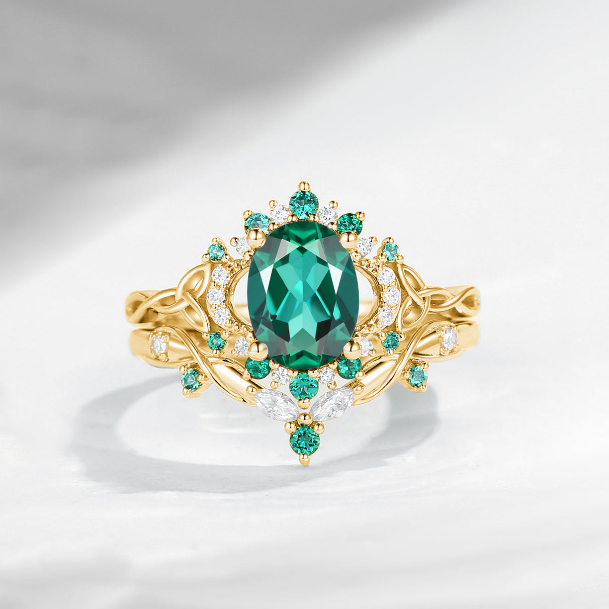 Celtic Moon - Oval Cut Lab Emerald Infinity Engagement Ring Set