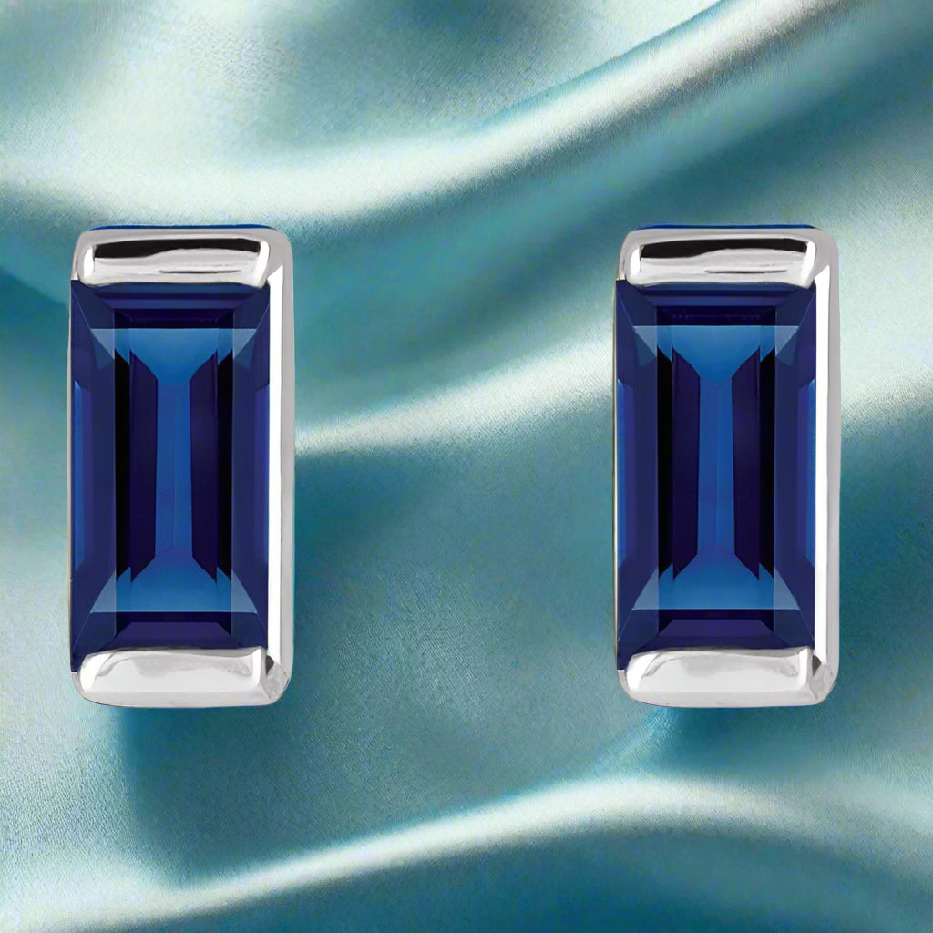 Channel-set Baguette Blue Sapphire Gold or Platinum Stud Earrings