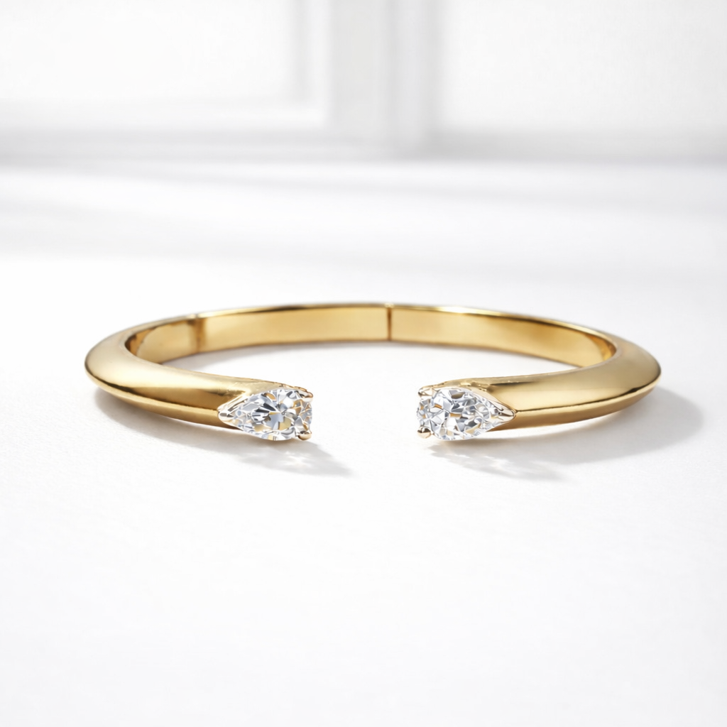 Minimalist Dainty Pear Cut Sterling Sliver Two-Stone Open Cuff Bangle