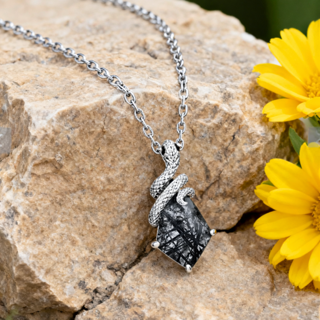 Kite Cut Black Rutilated Quartz Mystical Serpent Carved Nature Inspired Necklace
