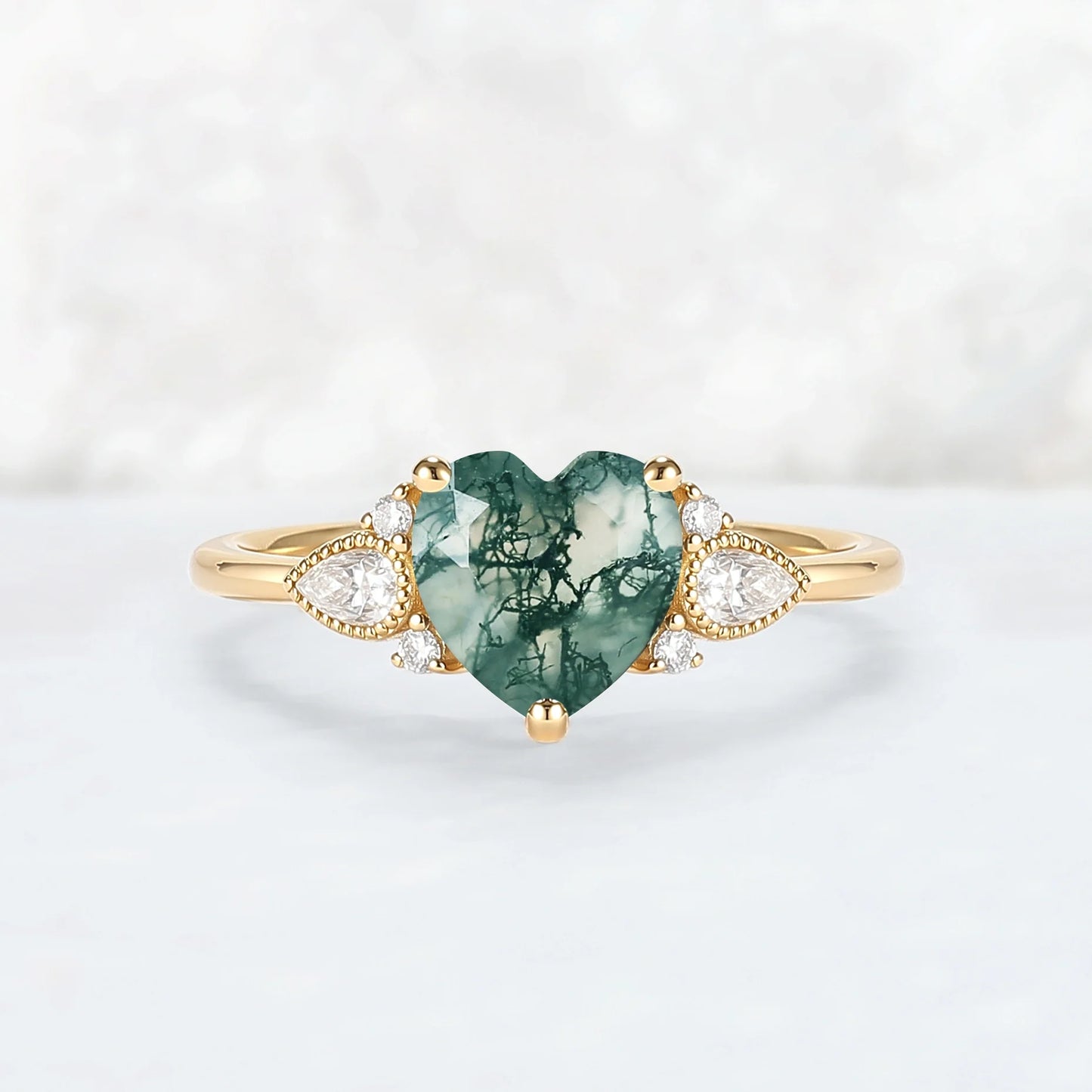 Cluster Heart-Cut Moss Agate Engagement Ring