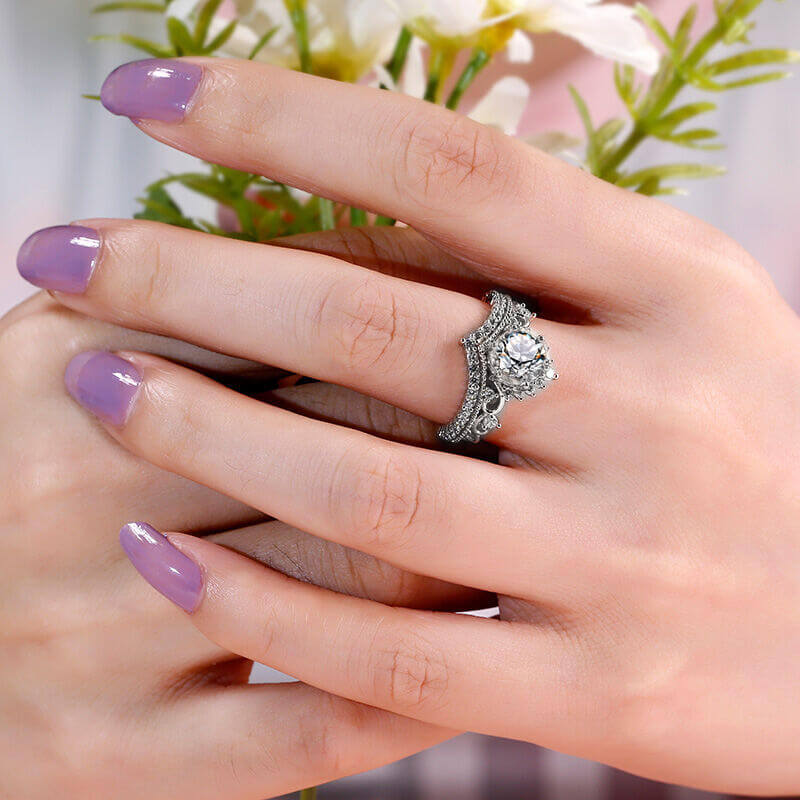 Crown Design Moissanite Scroll Pave Milgrain Engagement Ring