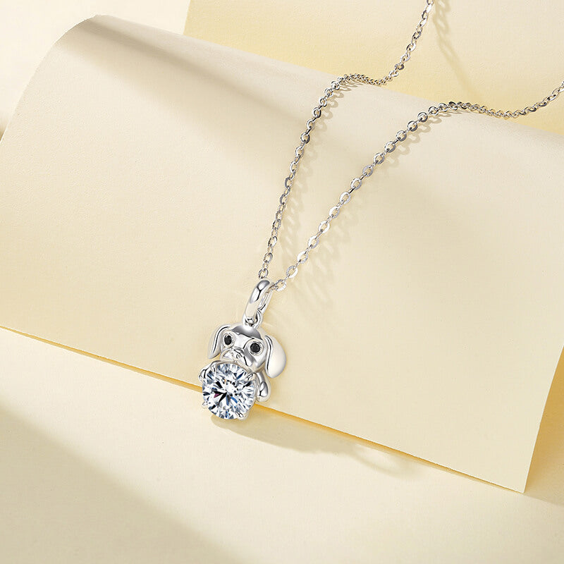 Cute Dog Holding Moissanite Necklace In Sterling Silver