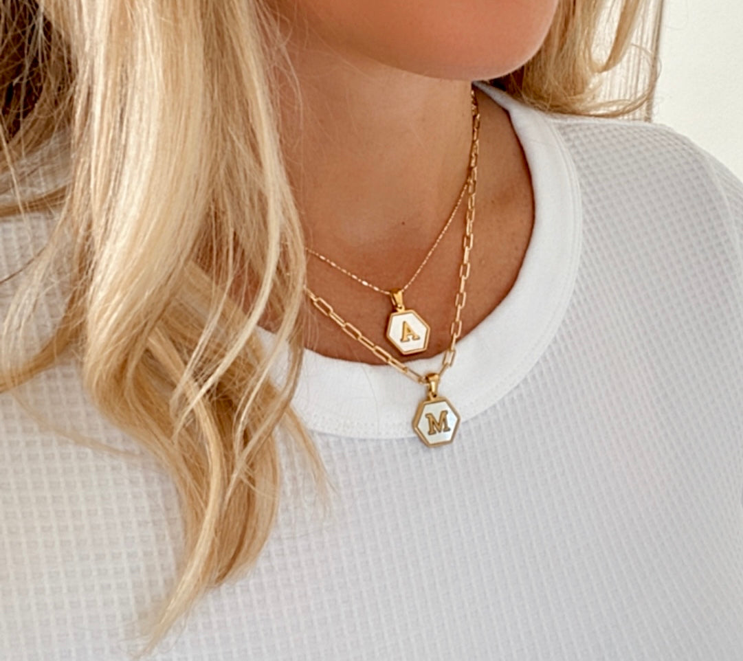 Gold Hexagon Mother of Pearl Letter Pendant Necklace - Gold Filled Chain