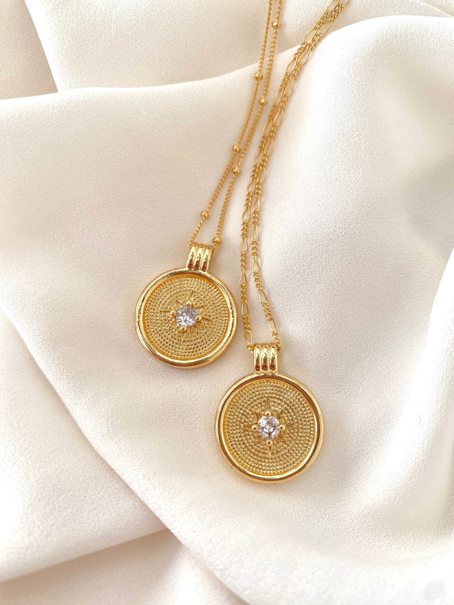 Gold Coin Necklace with CZ Crystal Charm Gold Filled Medallion Necklace Dainty Paperclip Figaro Chain Minimalist Layering Necklace Gift Idea