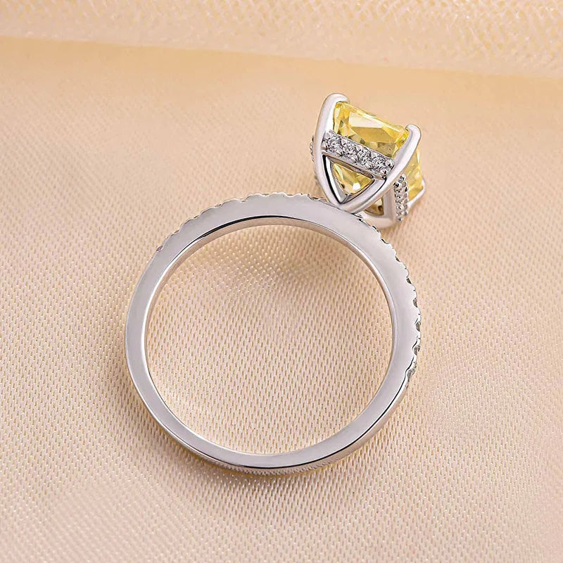 Gorgeous Radiant Cut 3.3ct Yellow Stone Hidden Halo Engagement Ring In Sterling Silver