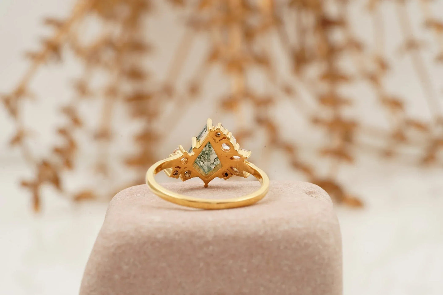 Kite Cut Moss Agate Cluster Diamond Engagement Ring