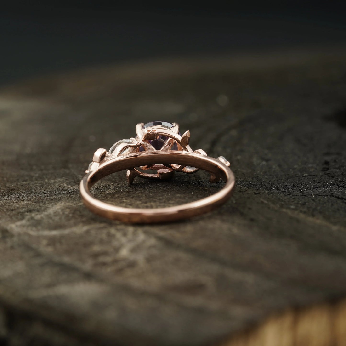 Round Alexandrite & Moonstone Inspired Leaf Design Engagement Ring