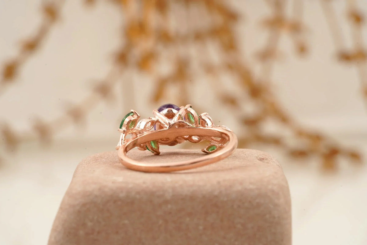 Oval Amethyst & Emerald CZ Cluster Engagement Ring