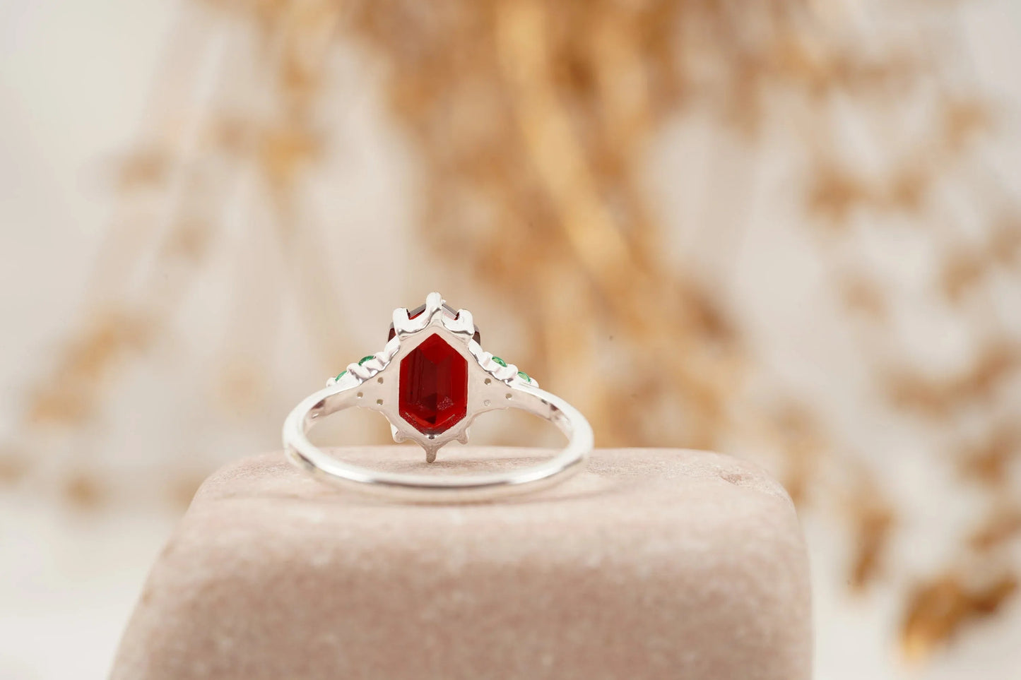 Hexagon Cut Red Garnet Gemstone Cluster Ring