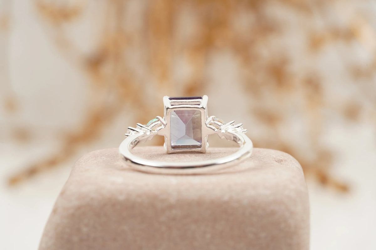 Emerald Cut Alexandrite And Fire Opal Engagement Ring