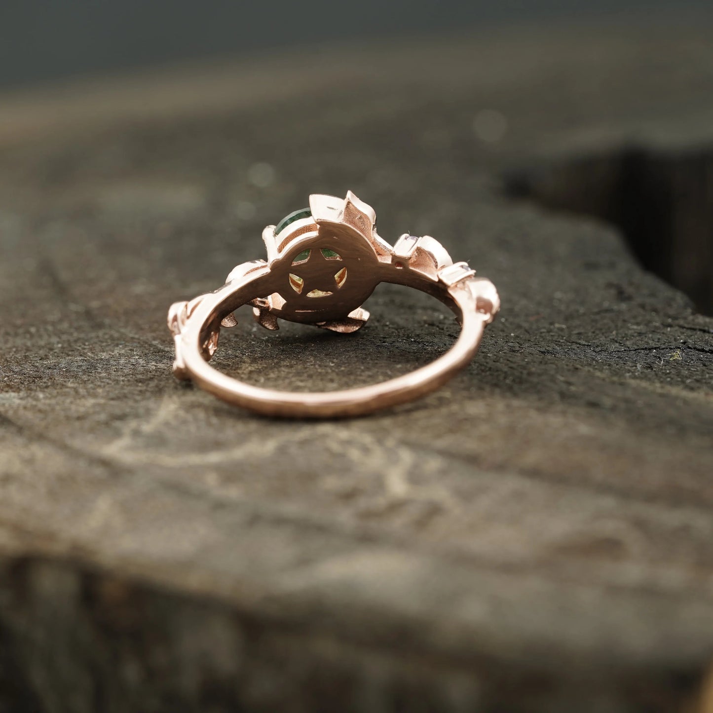 Round Natural Moss Agate Leaf Design Engagement Ring