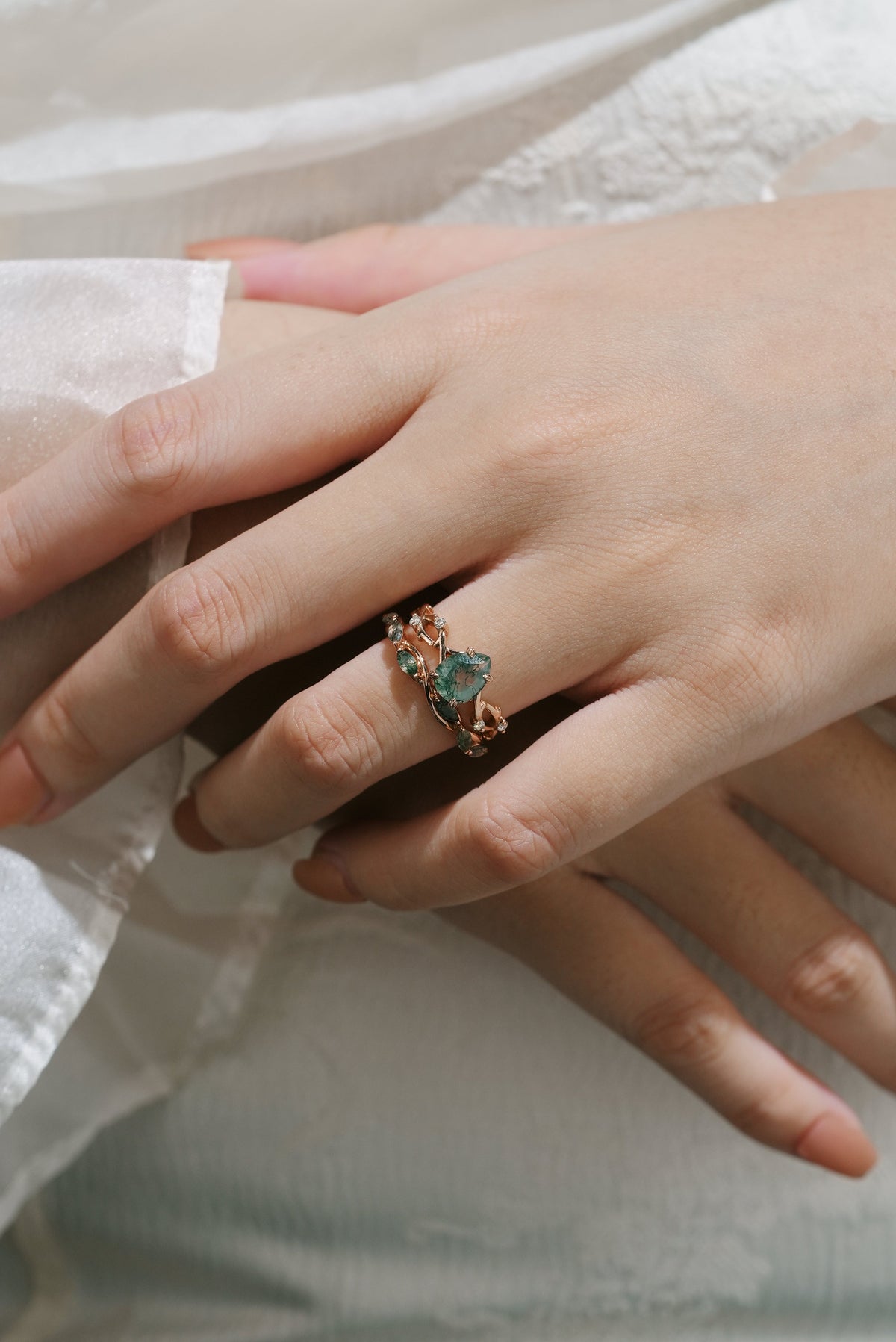 Moss Agate Engagement Ring With Straight Wedding Band 2pcs