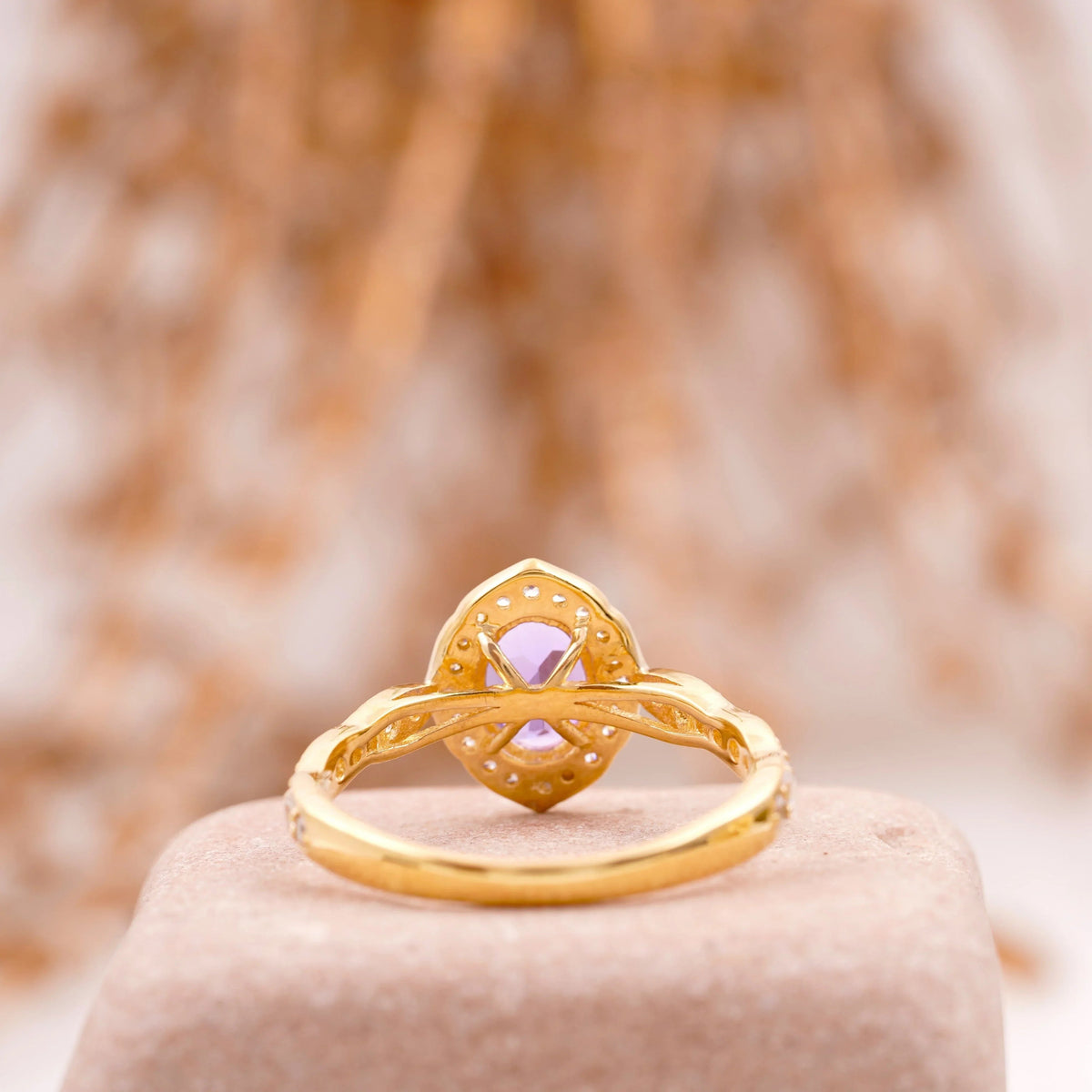 Oval Amethyst Halo Diamond Engagement Ring