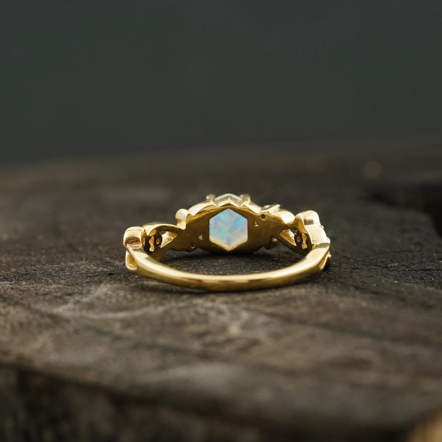 Hexagon Opal & Leaf Alexandrite Gold Engagement Ring