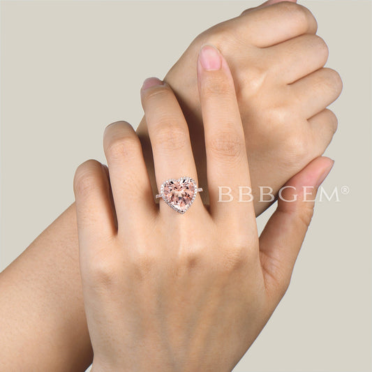 4CT Heart Cut Natural Morganite Engagement Ring Diamond Halo Rose Gold Ring