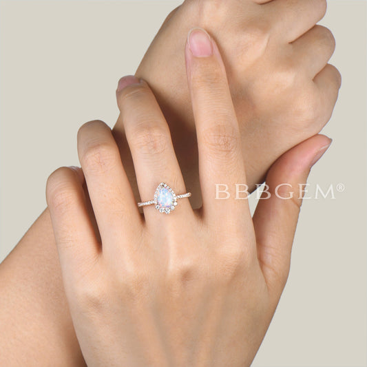 1.25CT Teardrop Cut White Opal Engagement Ring Diamond Halo Rose Gold Ring