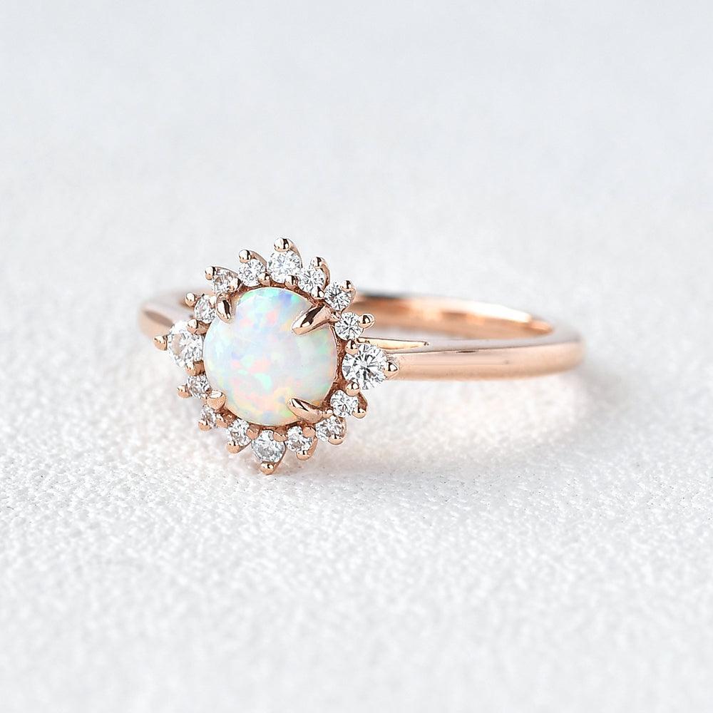 Valencia’s Sunburst | Round Opal & Moissanite Halo Ring