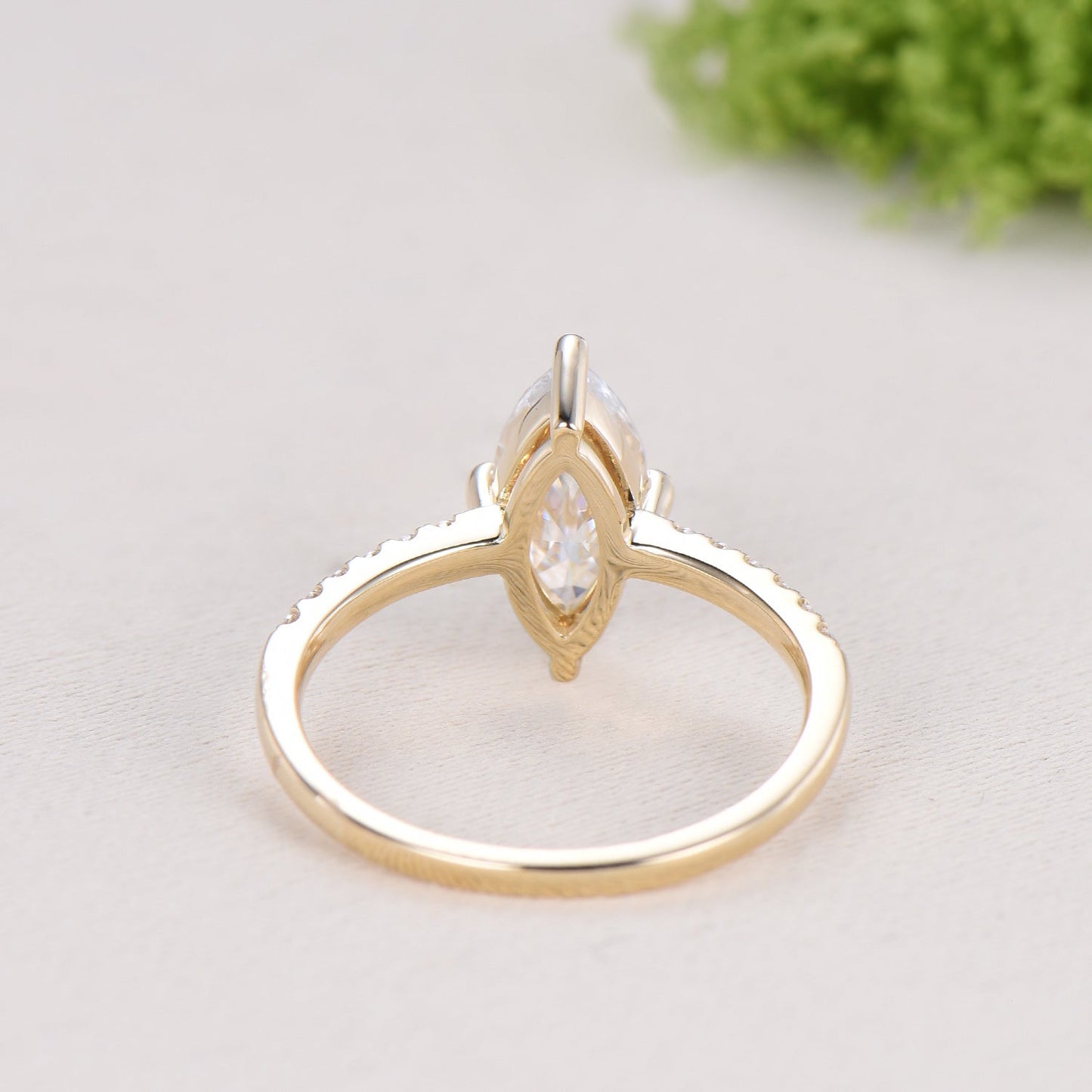 Marquise Cut Moissanite& Lab Grown Diamond Engagement Ring with Pavé Band in Yellow Gold