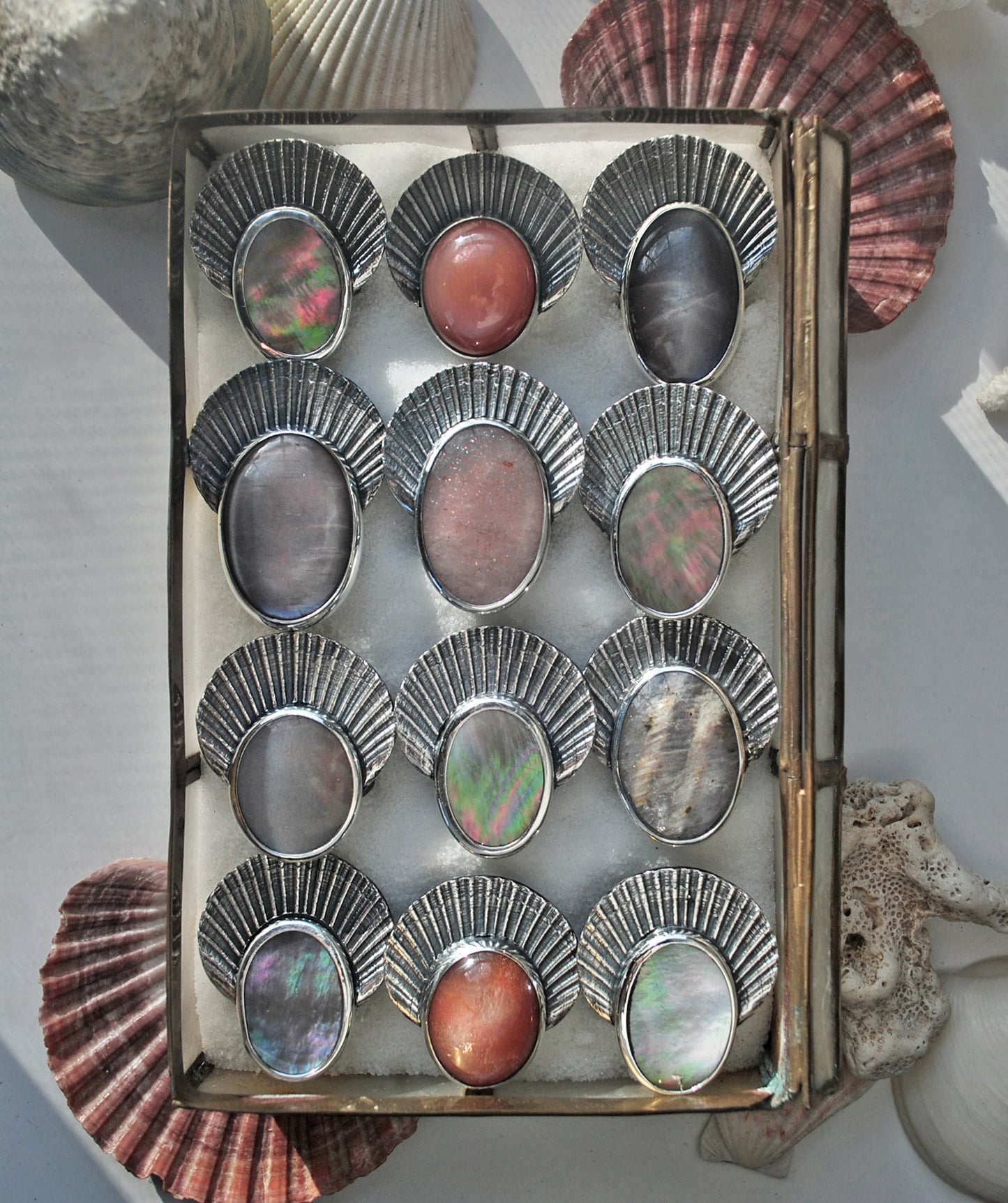 Size 9.75 - Crown of Shells - Seashell Enamel Moonstone
