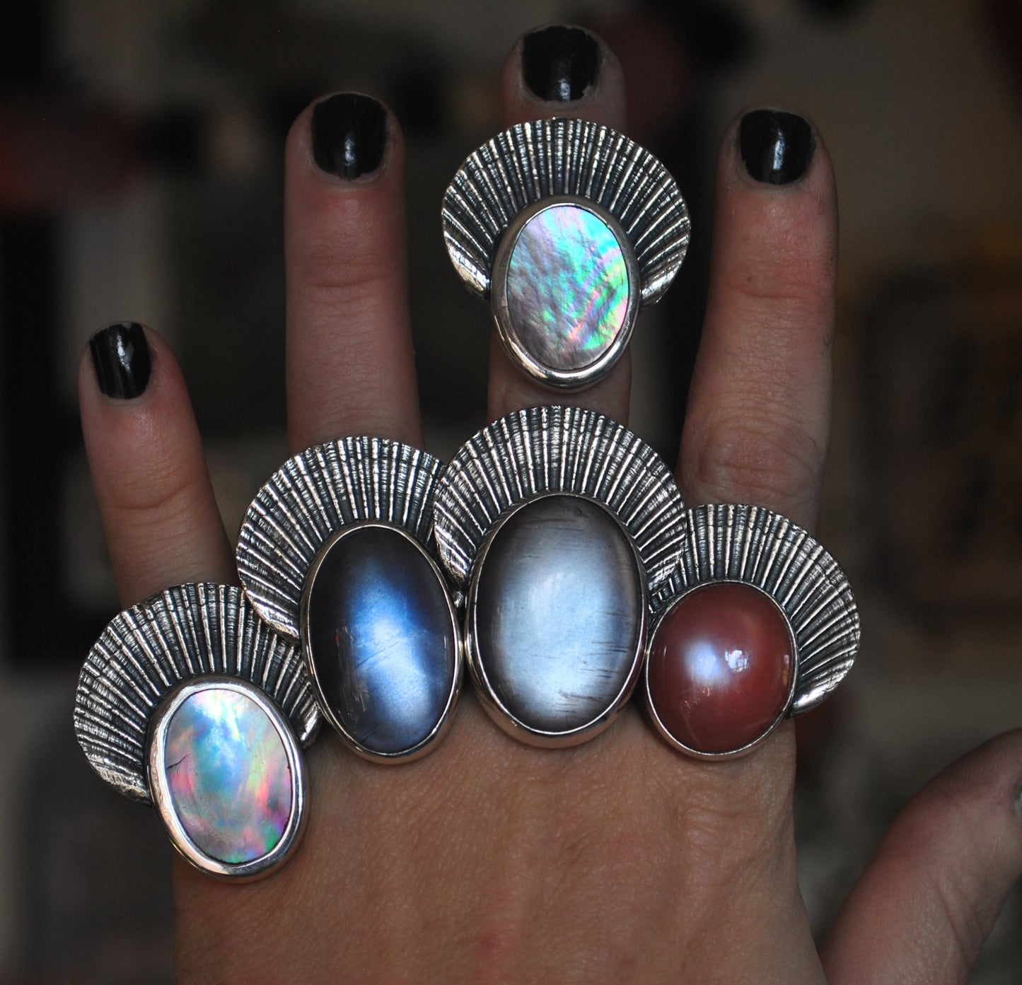 Size 6.5 - Crown of Shells - Dark Purple Seashel Enamel Moonstone