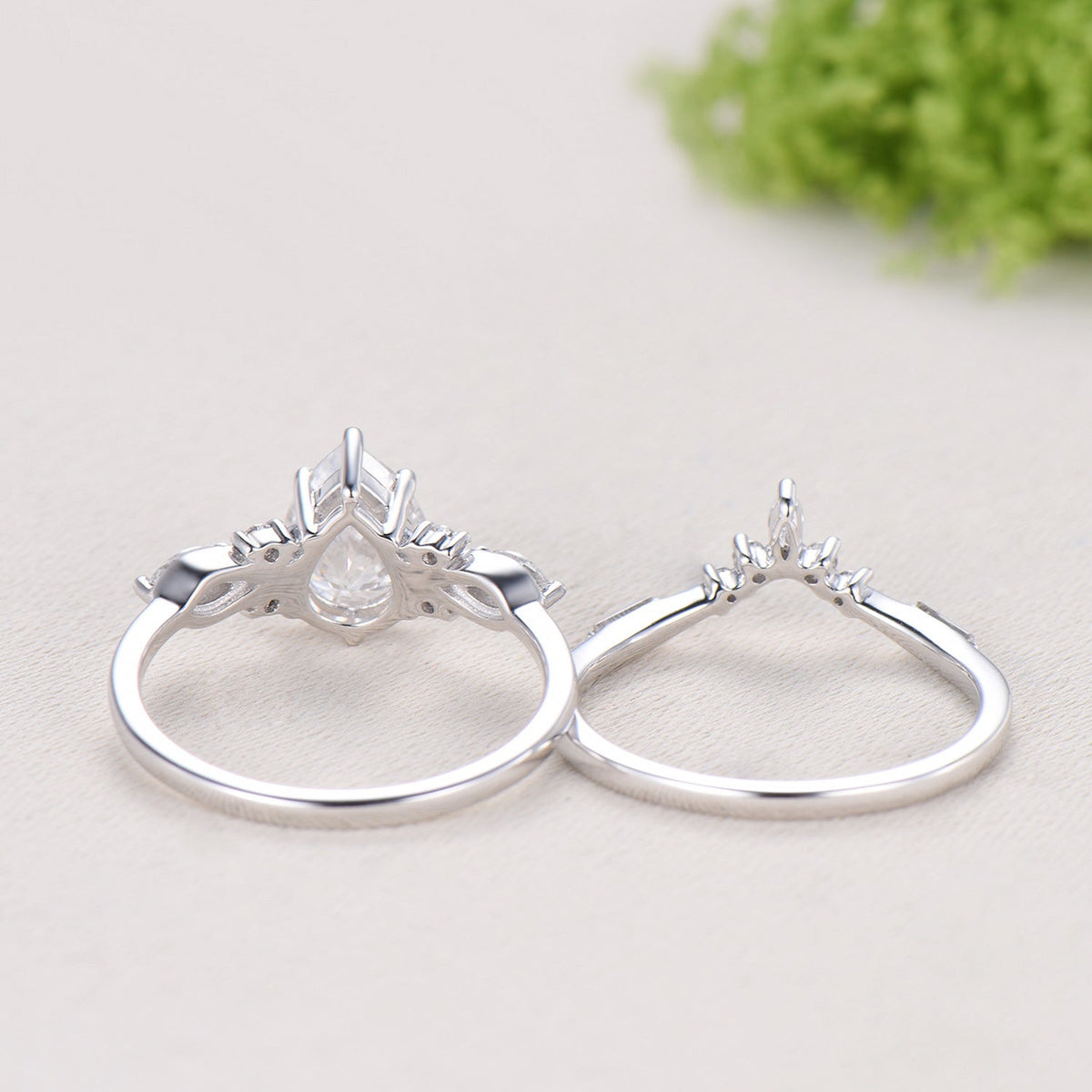 Pear Moissanite engagement ring marquise Twisted ring Unique white gold ring baguette cut diamond band Antique promise anniversary ring