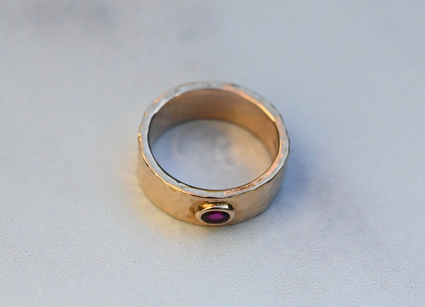 Planished 14k Gold Cigar Band Ring with Ruby - size 7.25