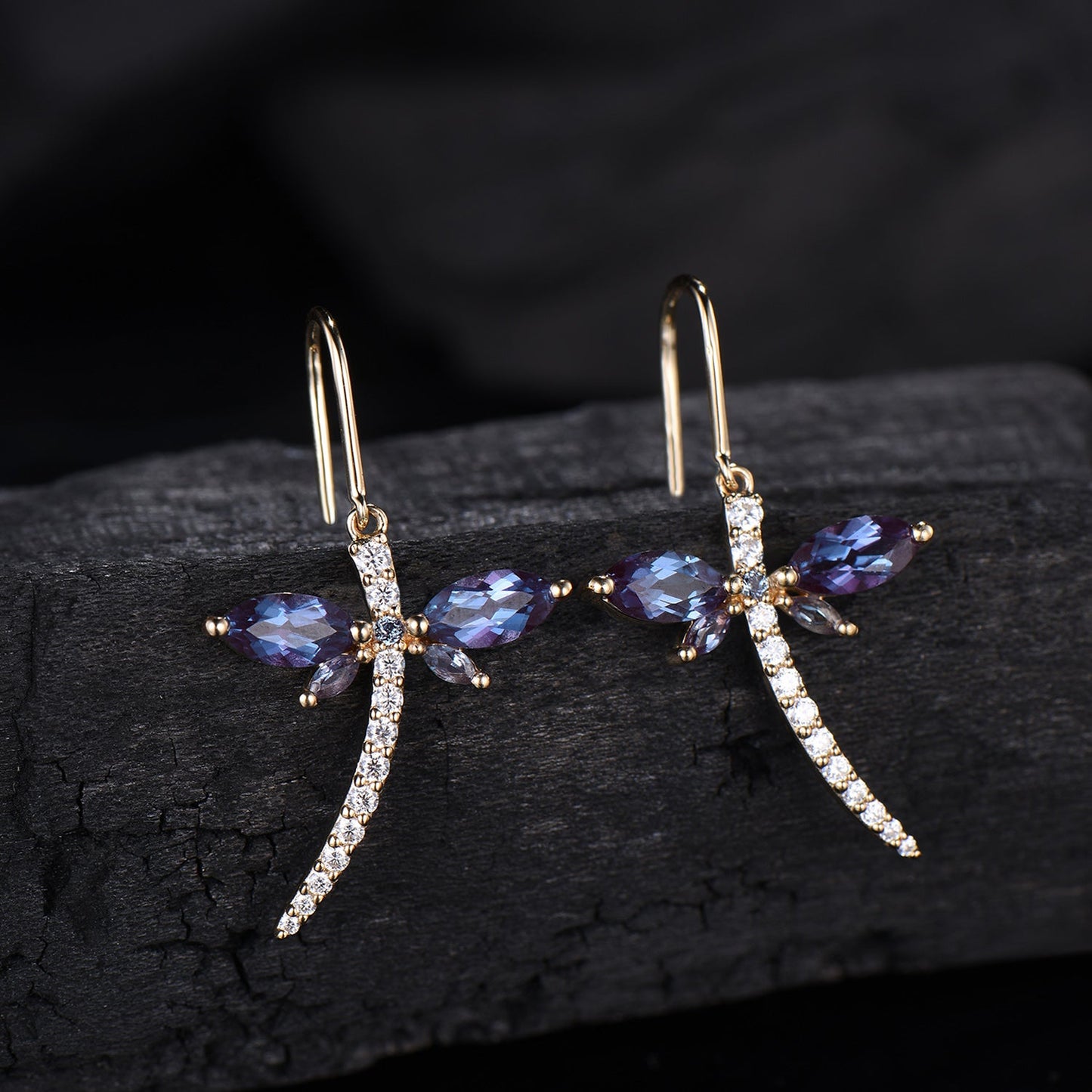 Elegant dragonfly marqusie cut alexandrite earrings June birthstone fine jewelry