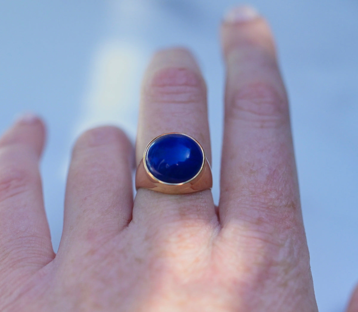 Round Lapis Lazuli 14k Gold Signet Ring - size 7.5