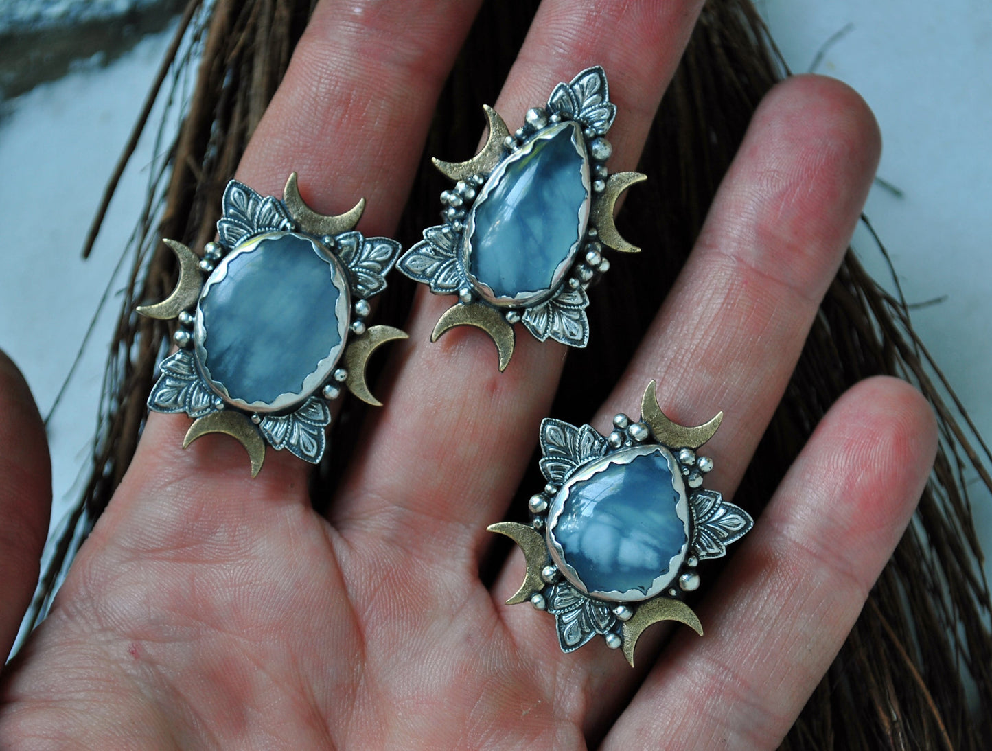 Size 8.25-8.5, Cloud Diviner Ring, Aquamarine, Sterling and Fine Silver and Brass