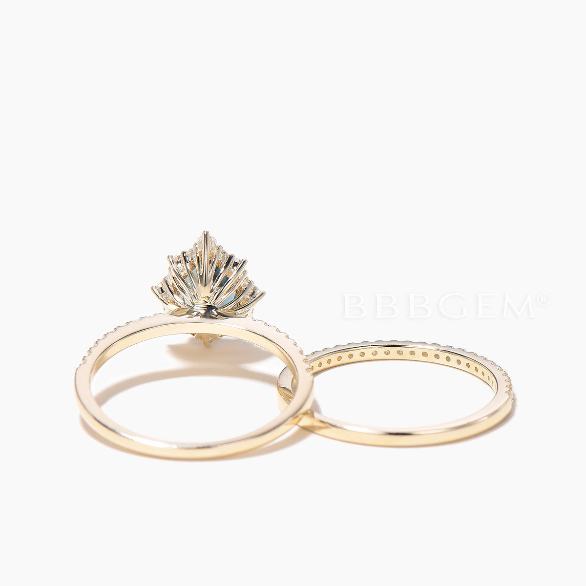 3PCS Pear Cut Natural London Blue Topaz Halo Ring Set Diamond Stacking Band