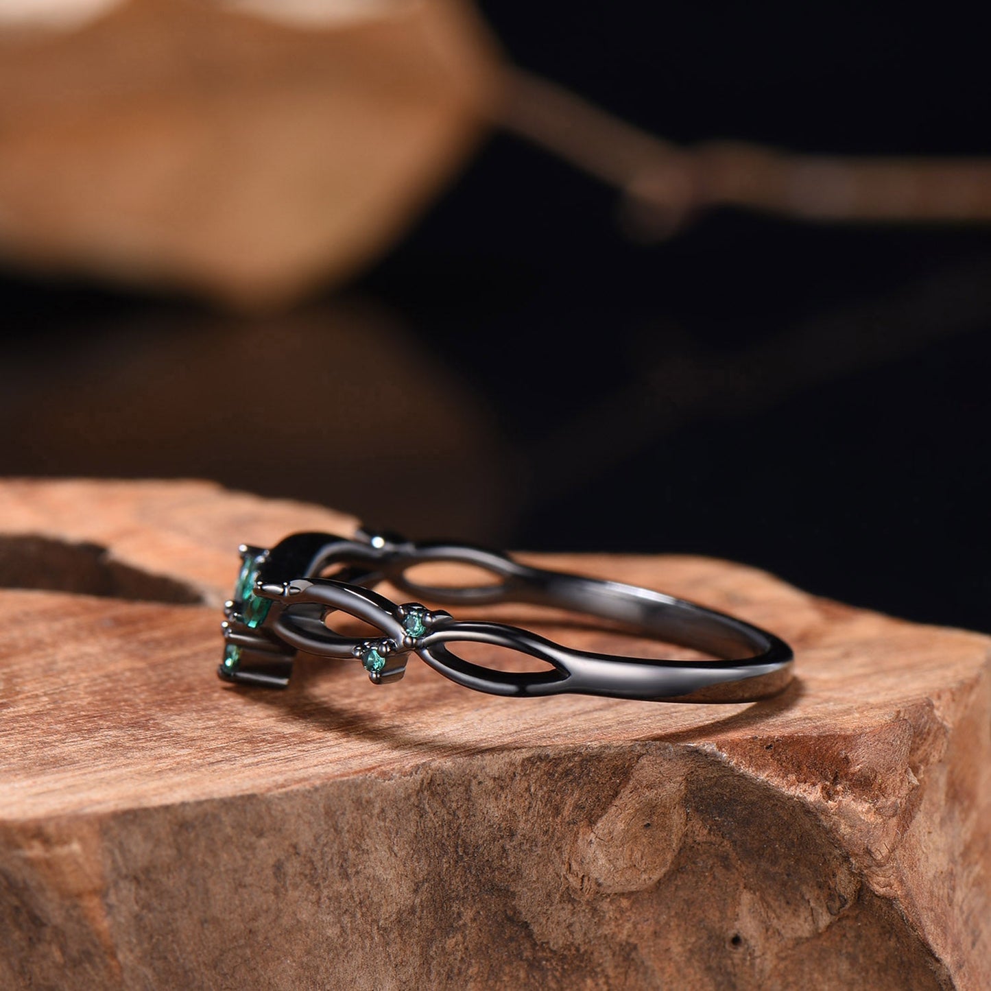 Gothic Black Gold Emerald Wedding Band Curved Marquise Wedding Ring Anniversary Stackable Band Evil Eye Emerald Promise Ring For Daughter