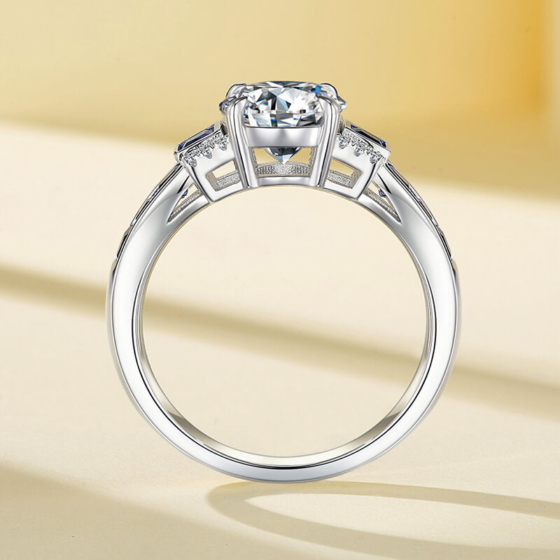 Deco Elegance Moissanite and Baguette Sapphire Engagement Ring