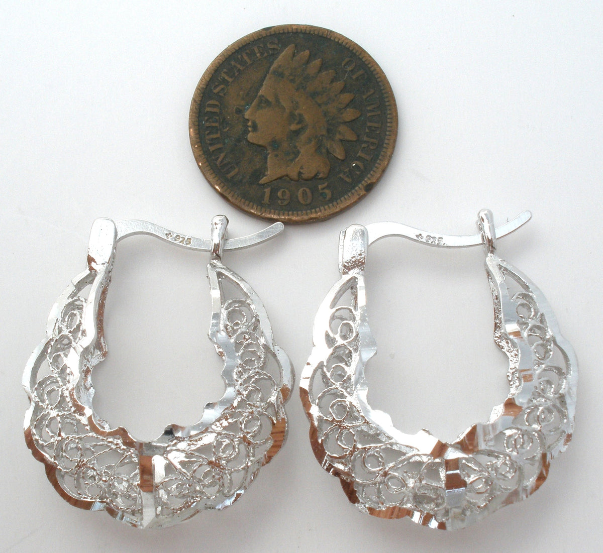 Diamond Cut Filigree Hoop Earrings